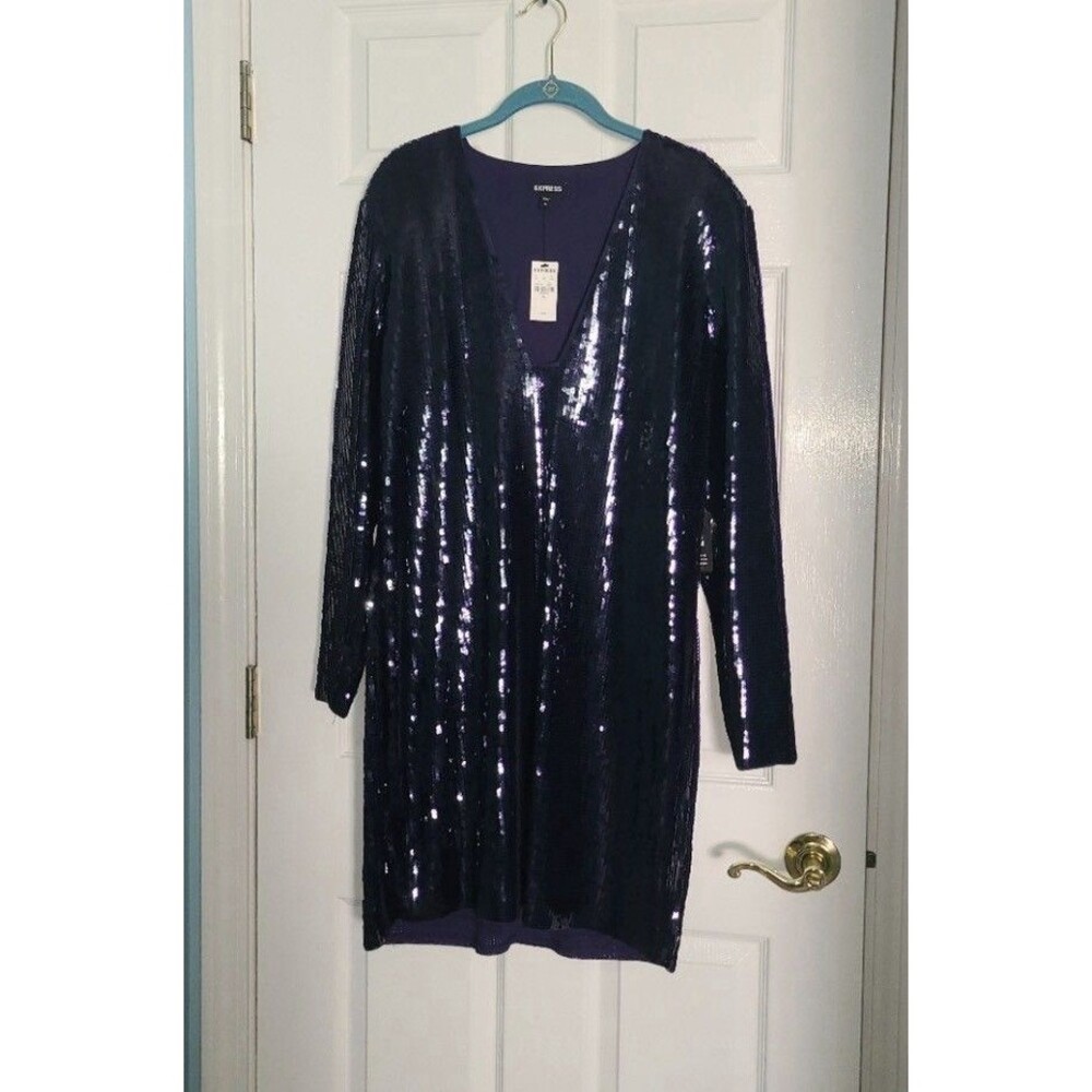 Express Sequin V-Neck Long Sleeve Mini Dress Navy Blue XL NWT $118